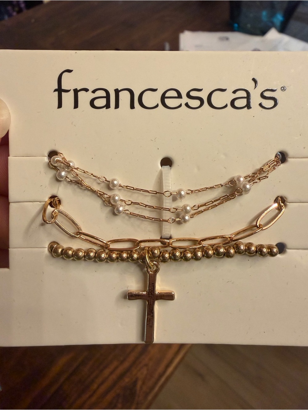 Francesca's Gold Multi-Chain & Pearl Accent Bracelet Set